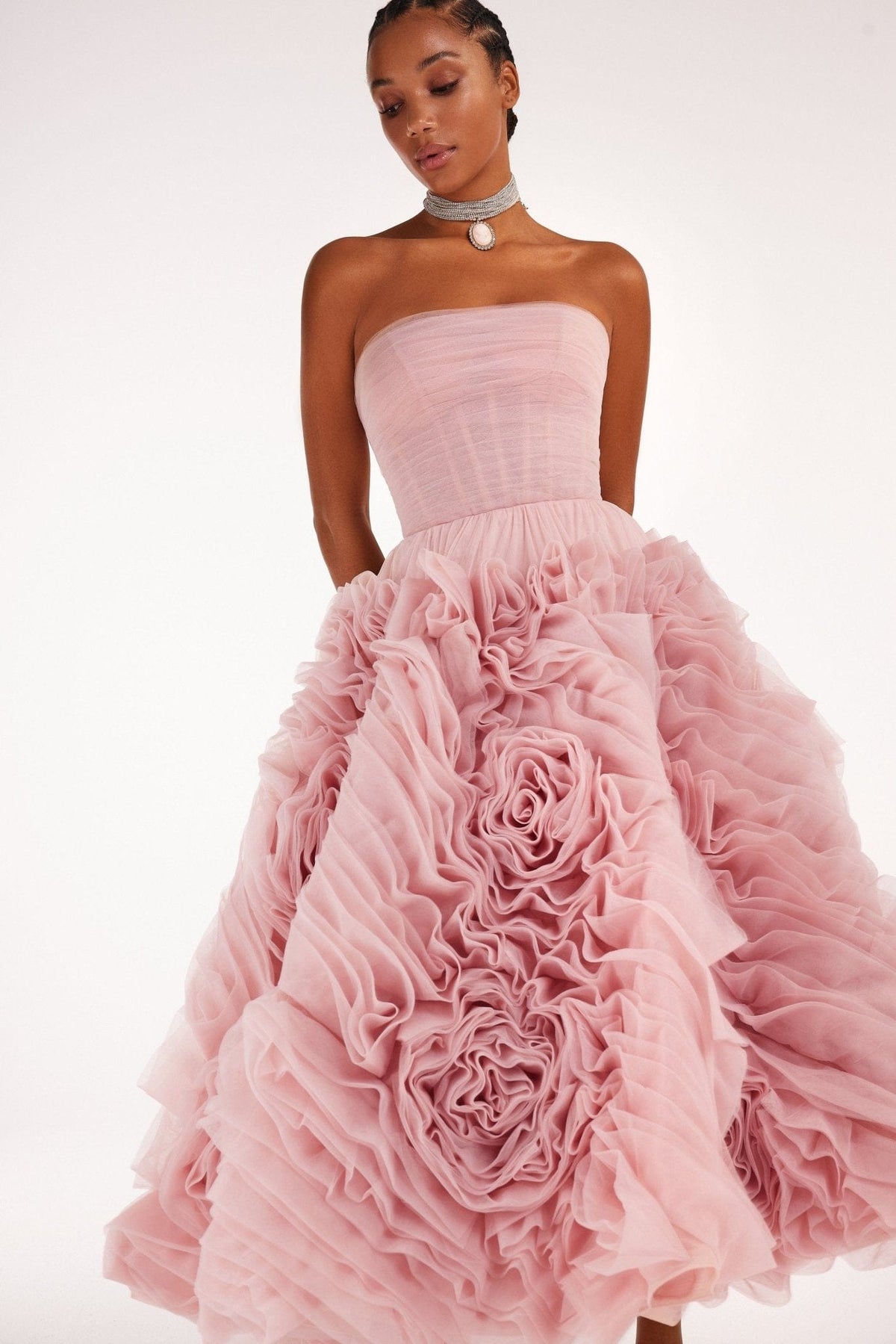 Dramatically flowered tulle dress in misty pink - Milla