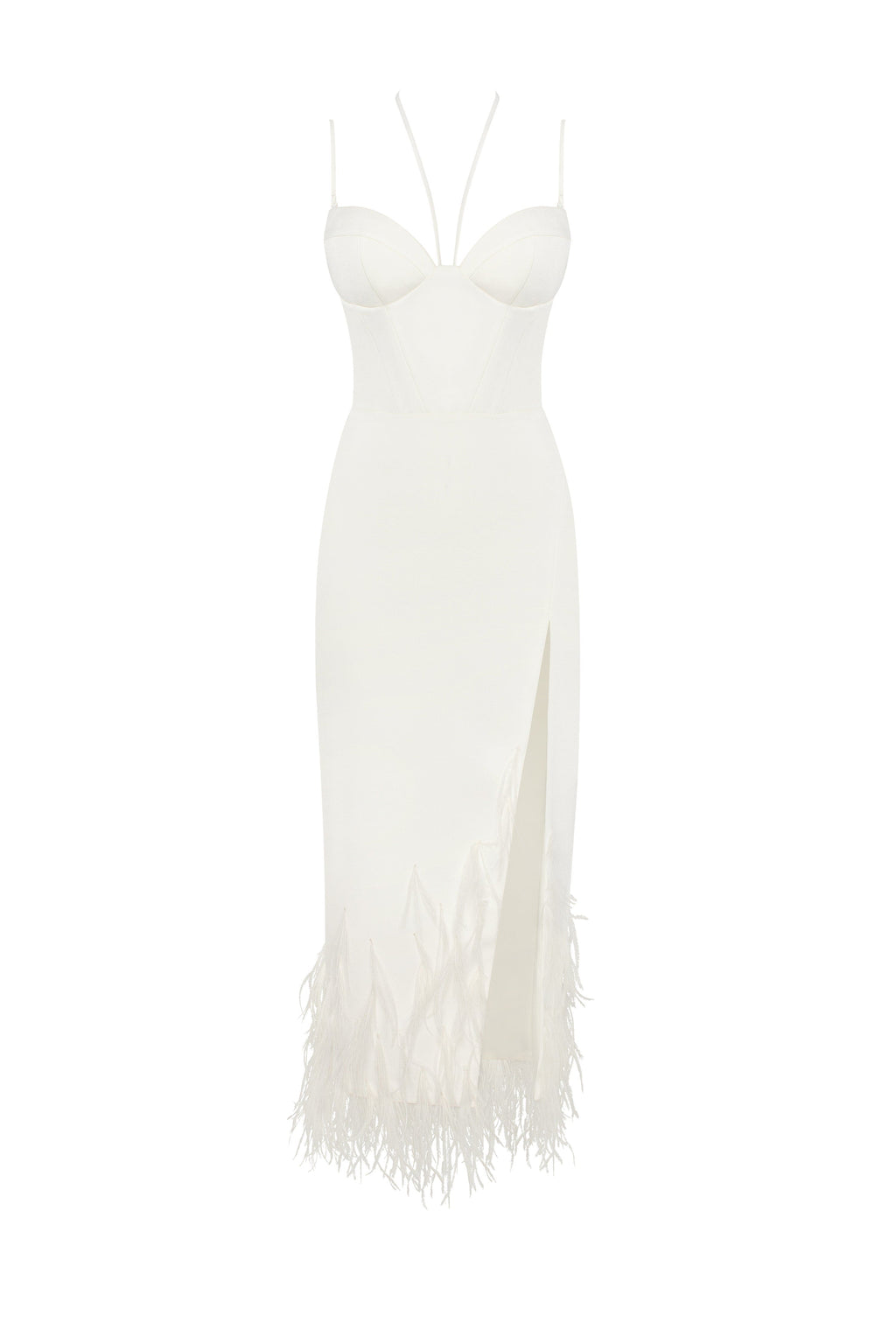 White Satin-Boned Corset Feather Midi Dress