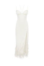 White Satin-Boned Corset Feather Midi Dress