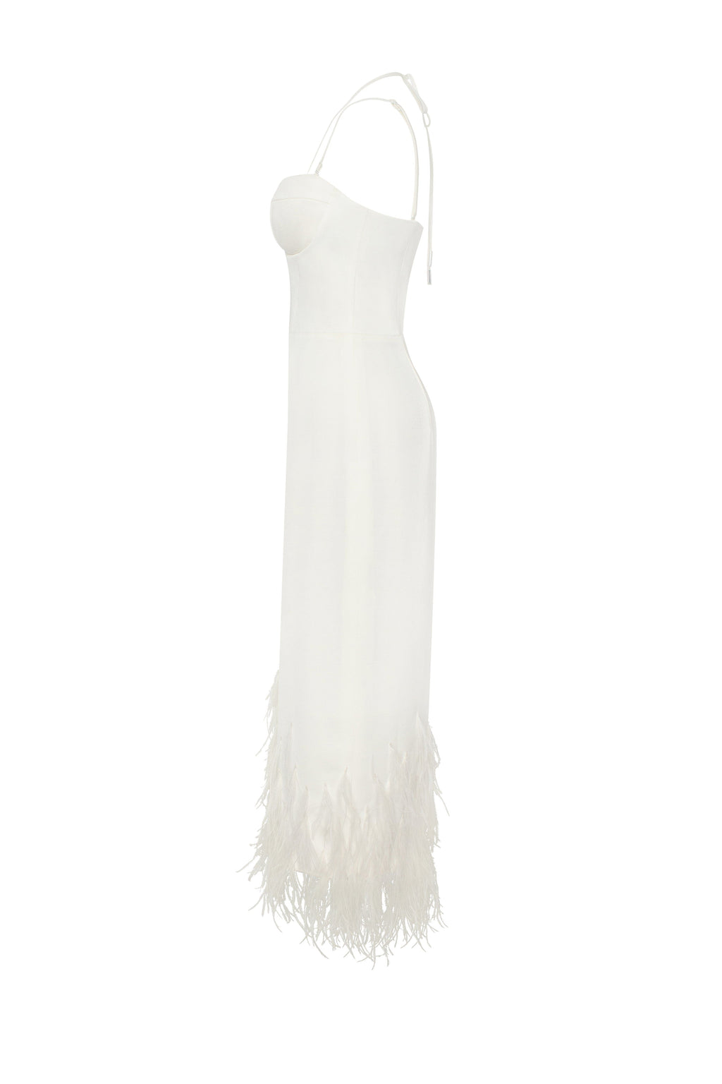 White Satin-Boned Corset Feather Midi Dress