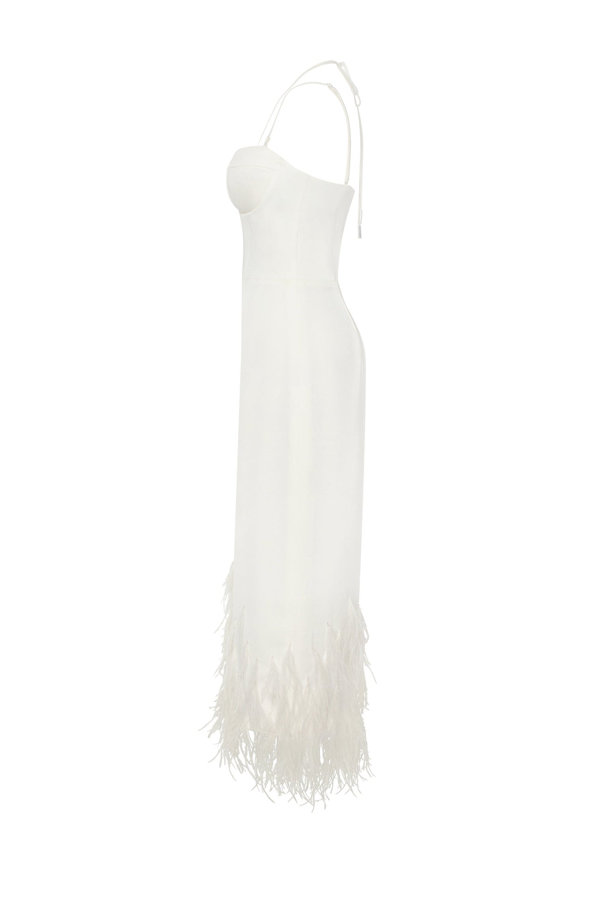 White Satin-Boned Corset Feather Midi Dress