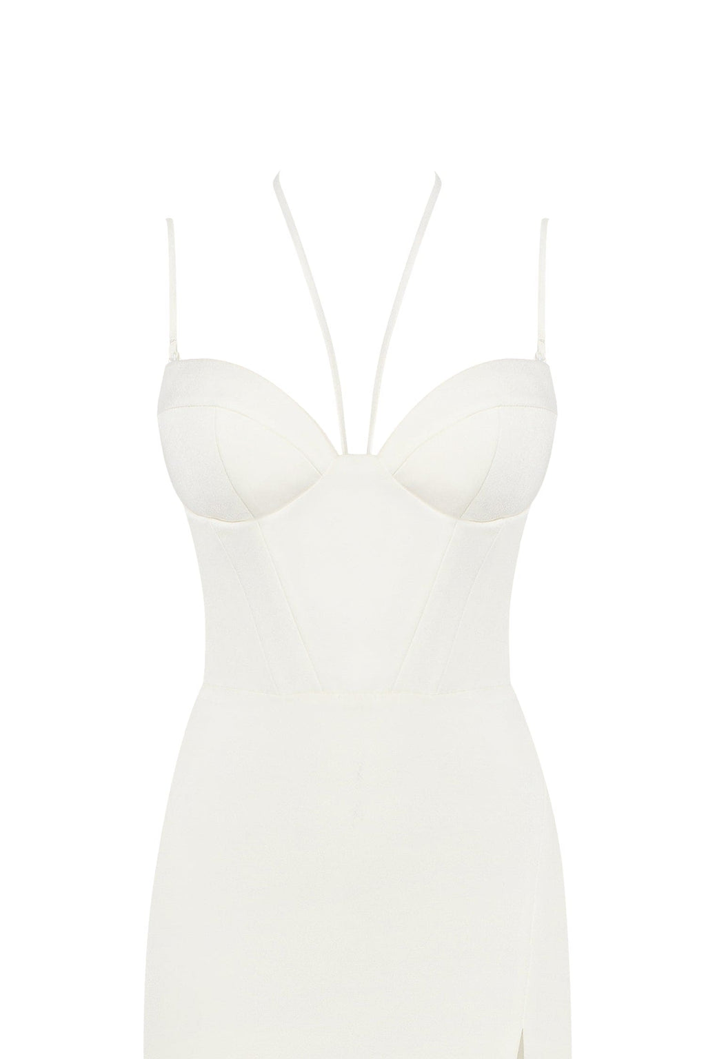 White Satin-Boned Corset Feather Midi Dress