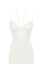 White Satin-Boned Corset Feather Midi Dress