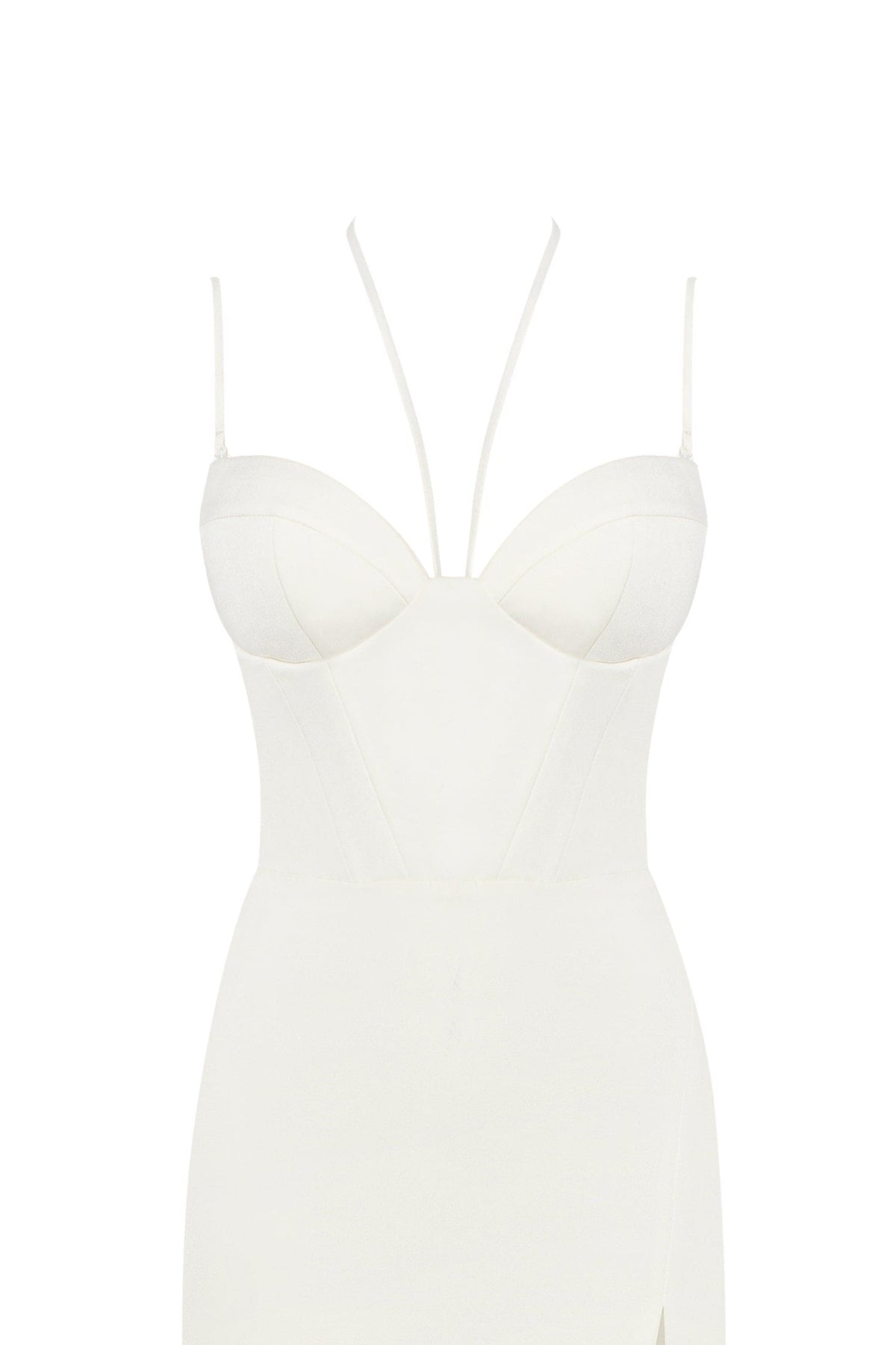 White Satin-Boned Corset Feather Midi Dress