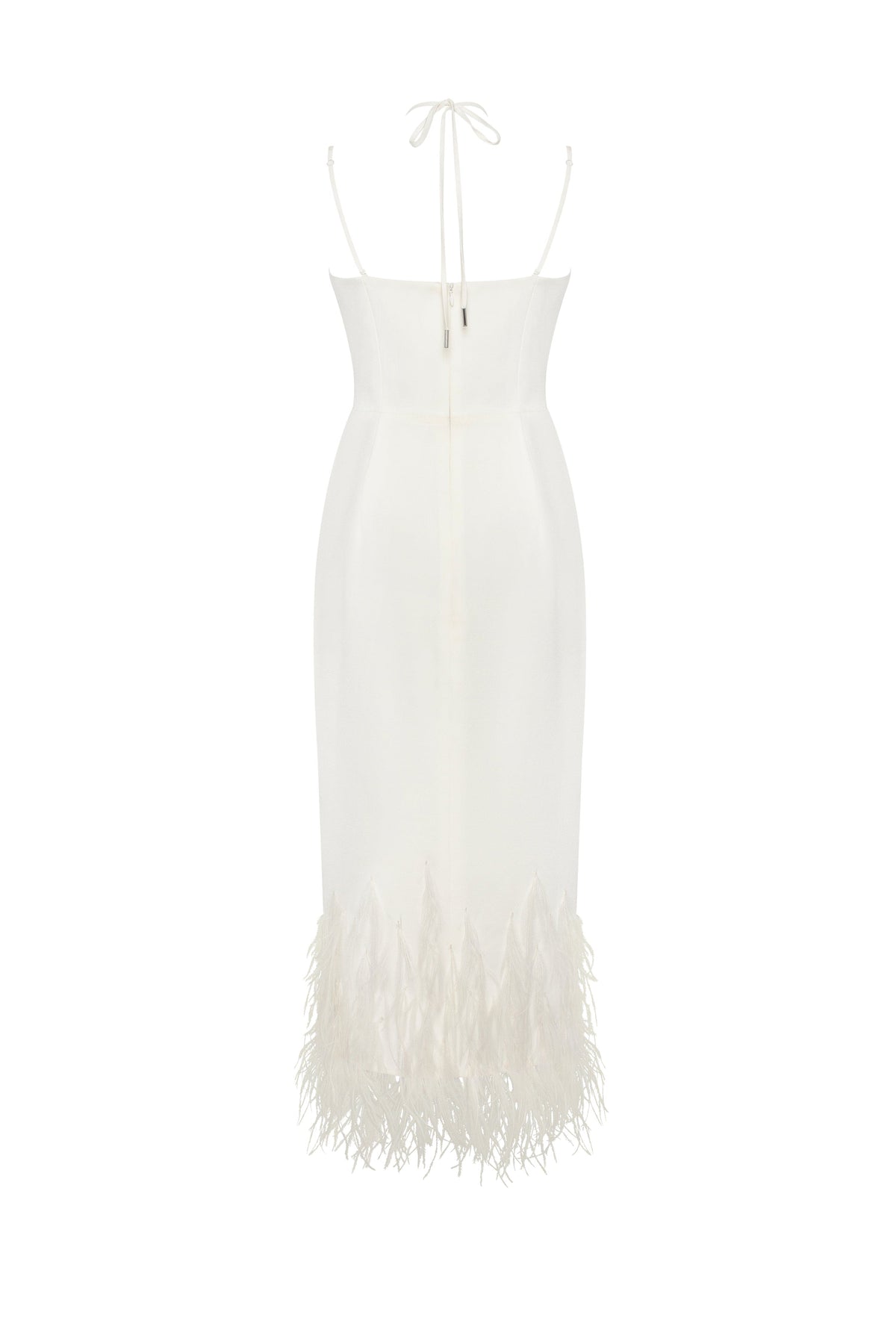 White Satin-Boned Corset Feather Midi Dress