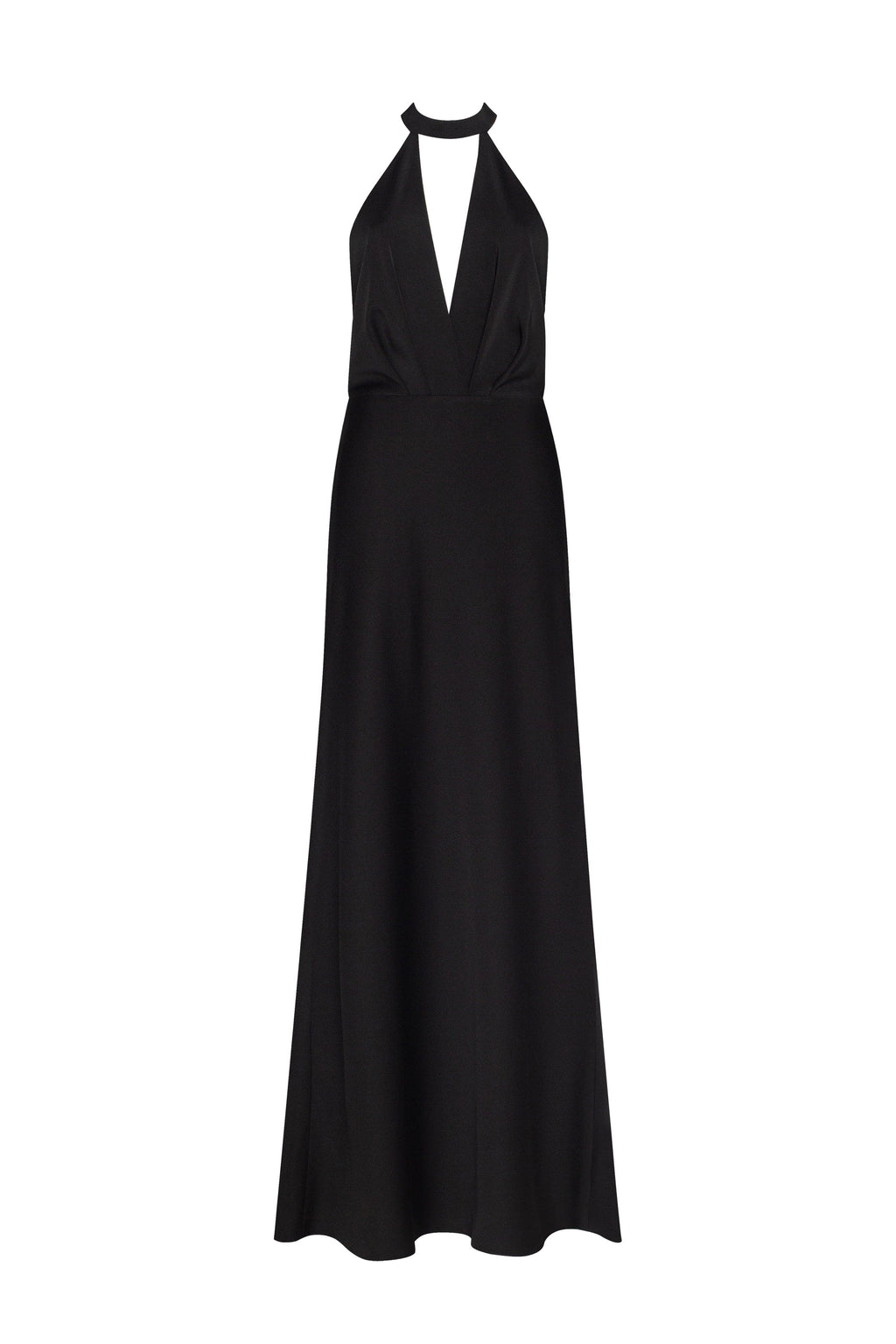 Black-Satin Halter Deep-V Maxi Gown