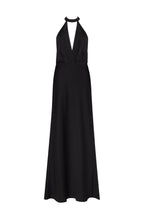 Black-Satin Halter Deep-V Maxi Gown