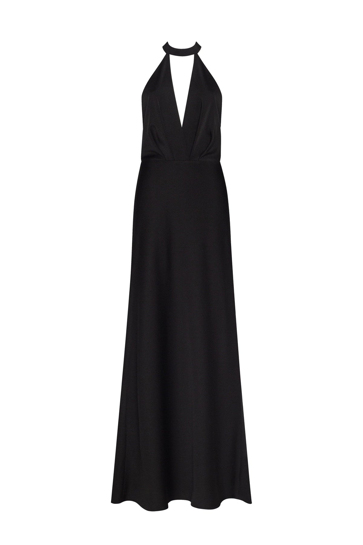 Black-Satin Halter Deep-V Maxi Gown