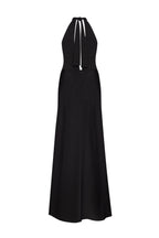 Black-Satin Halter Deep-V Maxi Gown