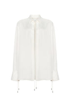 Tie-Neck Cuffed Blouson White Satin Blouse