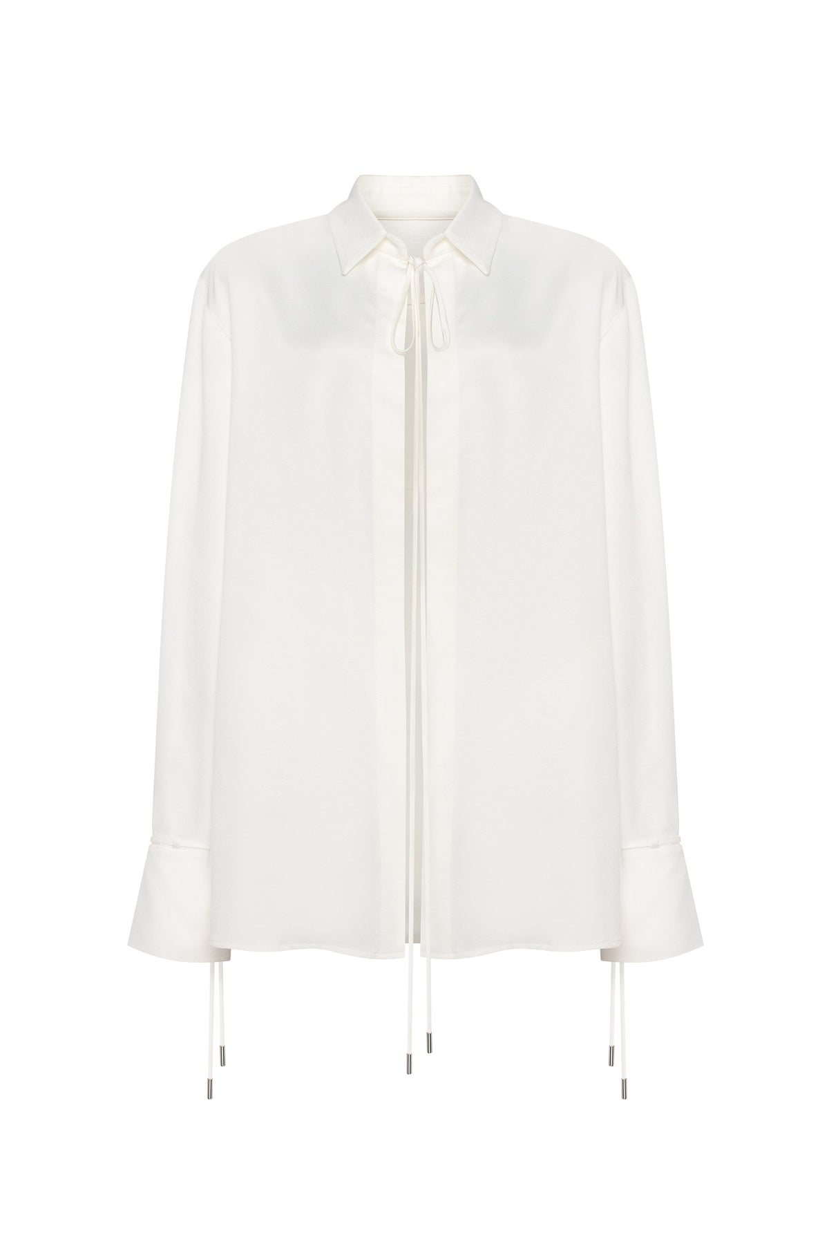 Tie-Neck Cuffed Blouson White Satin Blouse