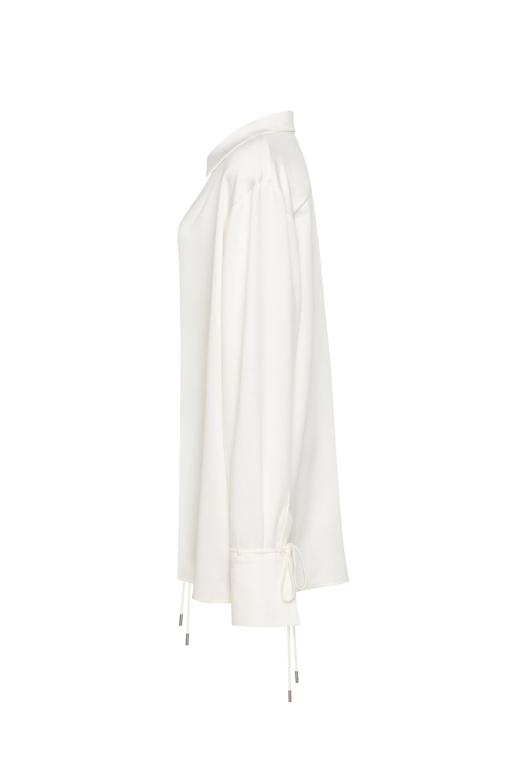 Tie-Neck Cuffed Blouson White Satin Blouse