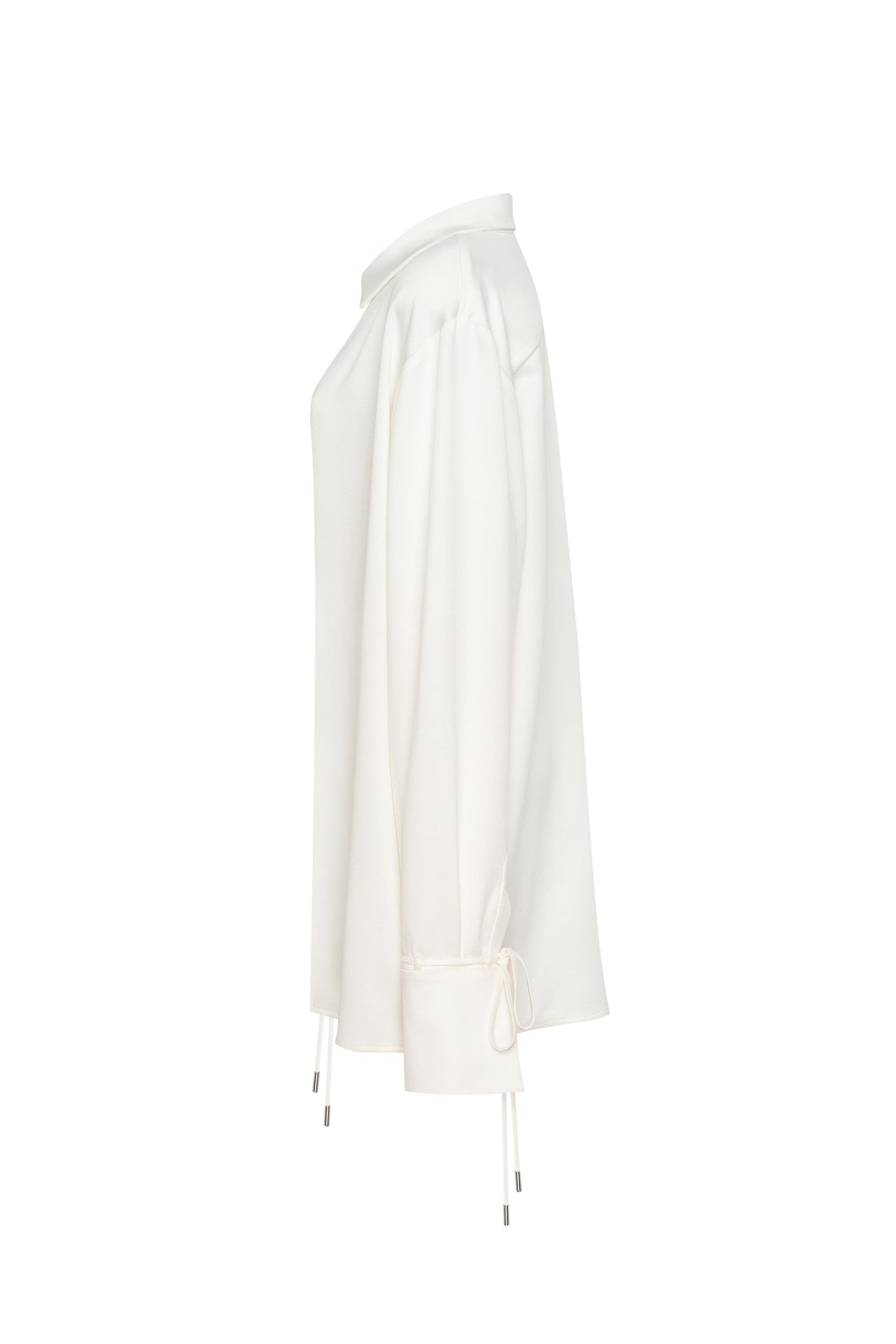 Tie-Neck Cuffed Blouson White Satin Blouse