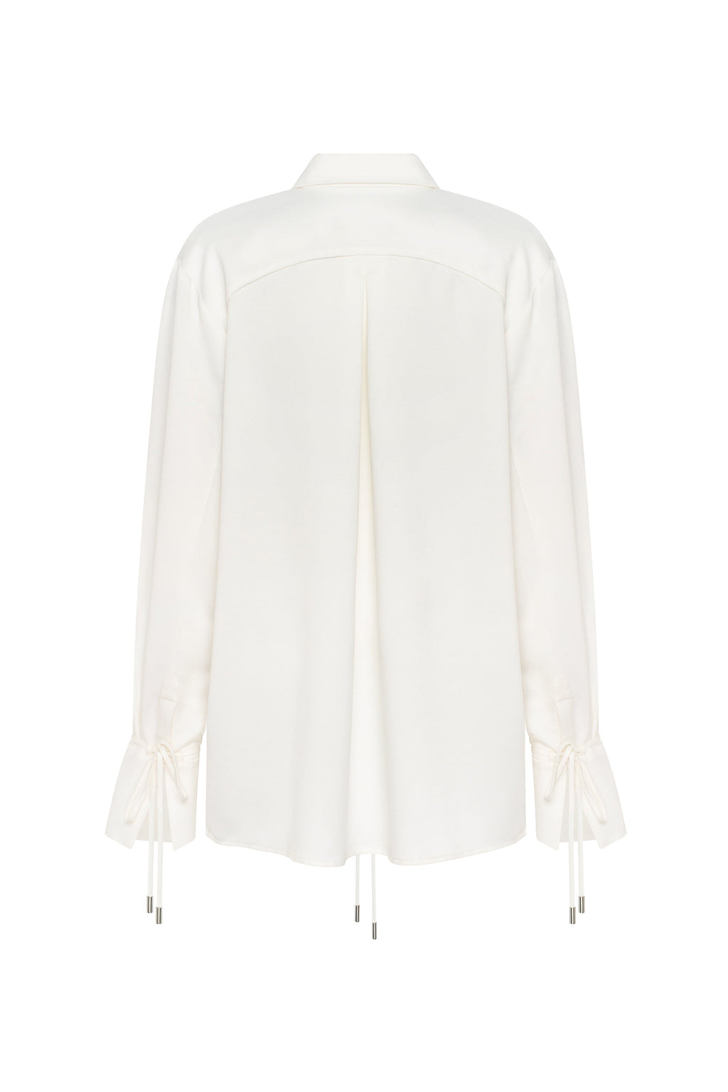 Tie-Neck Cuffed Blouson White Satin Blouse
