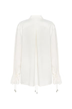 Tie-Neck Cuffed Blouson White Satin Blouse