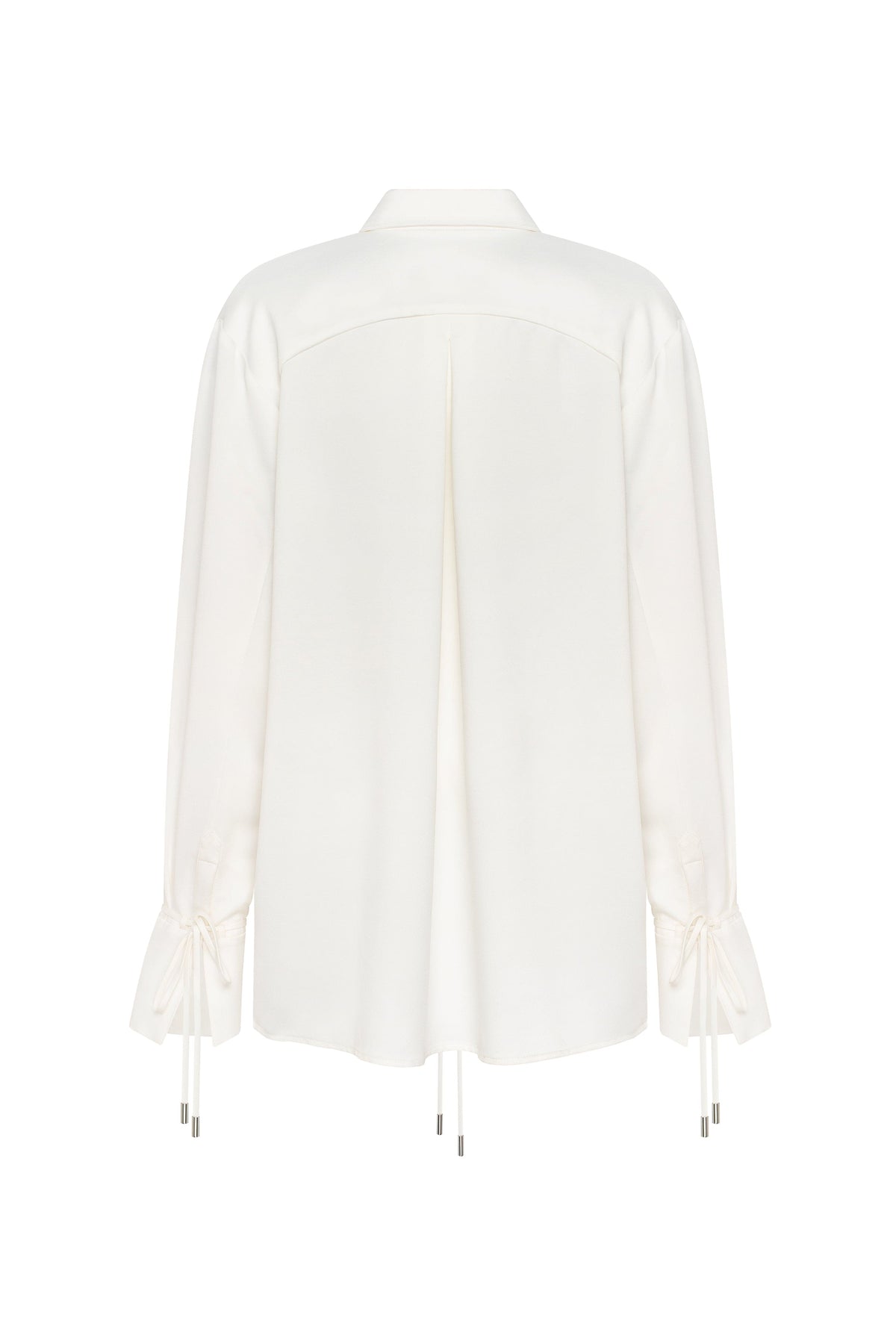 Tie-Neck Cuffed Blouson White Satin Blouse