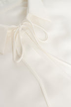 Tie-Neck Cuffed Blouson White Satin Blouse