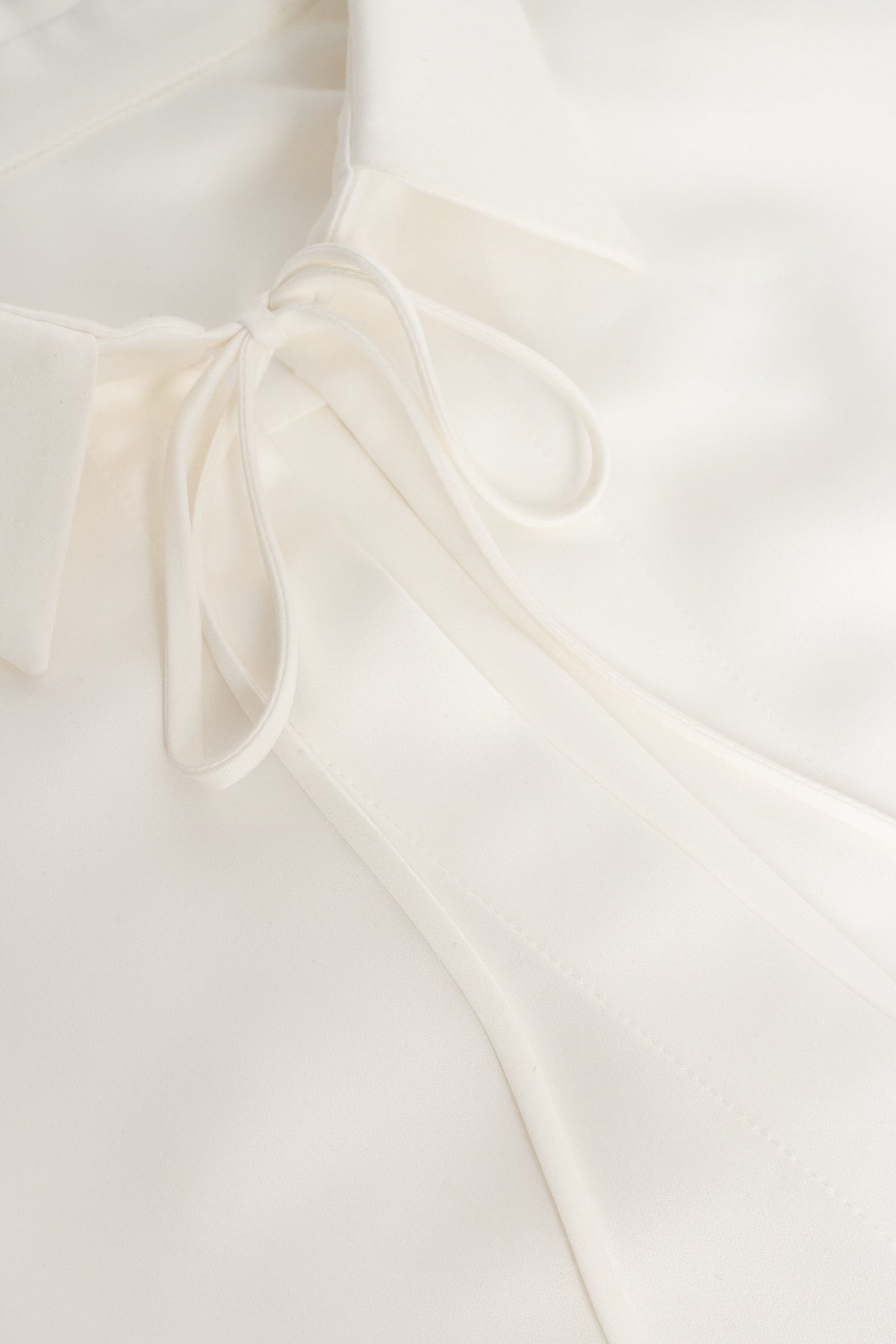 Tie-Neck Cuffed Blouson White Satin Blouse