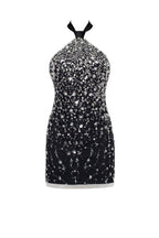 Black Lace Full-Crystal Halterneck Fitted Mini Dress