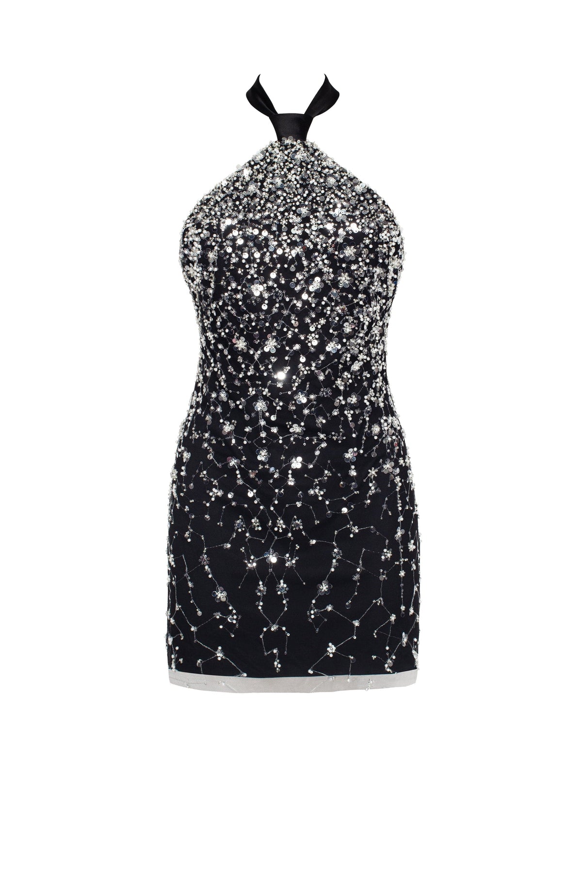 Black Lace Full-Crystal Halterneck Fitted Mini Dress