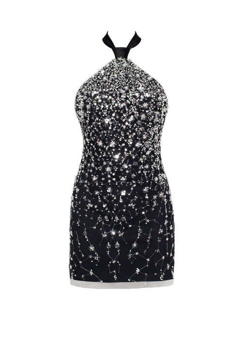 Black Lace Full-Crystal Halterneck Fitted Mini Dress