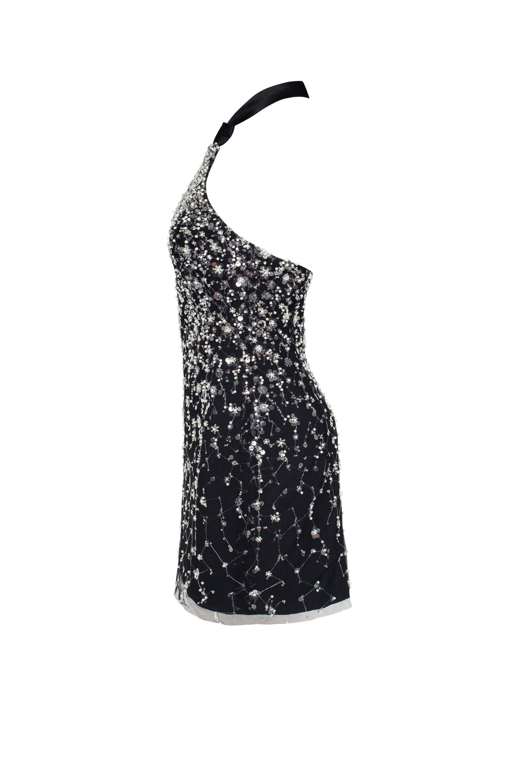 Black Lace Full-Crystal Halterneck Fitted Mini Dress