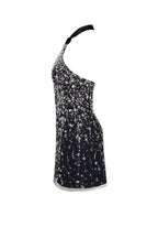 Black Lace Full-Crystal Halterneck Fitted Mini Dress