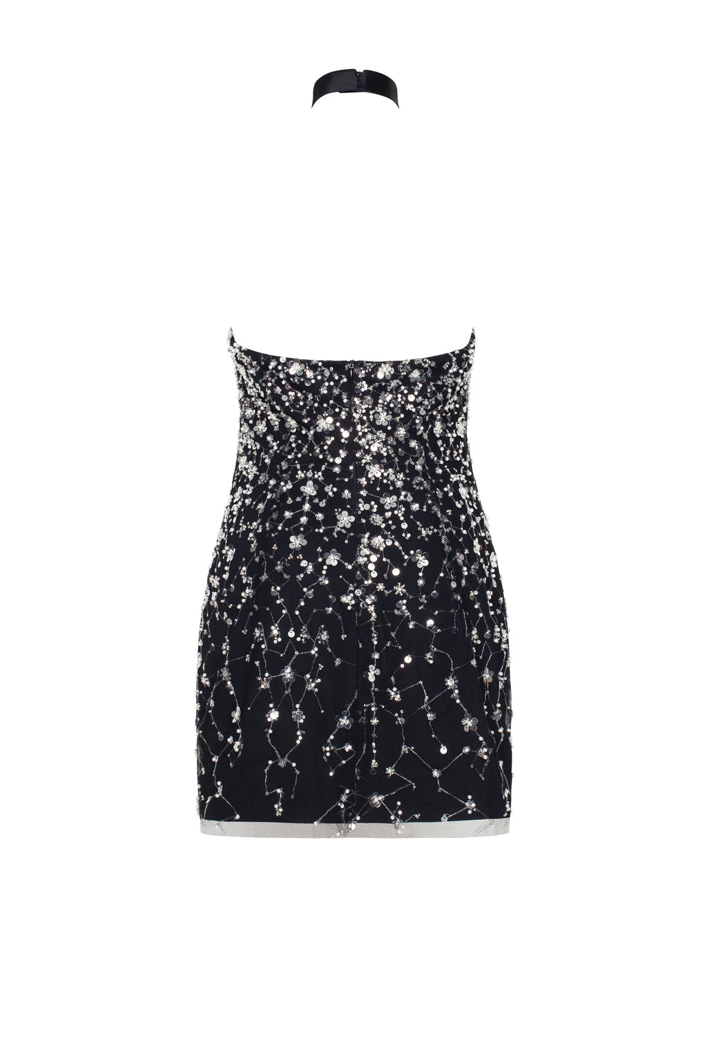 Black Lace Full-Crystal Halterneck Fitted Mini Dress