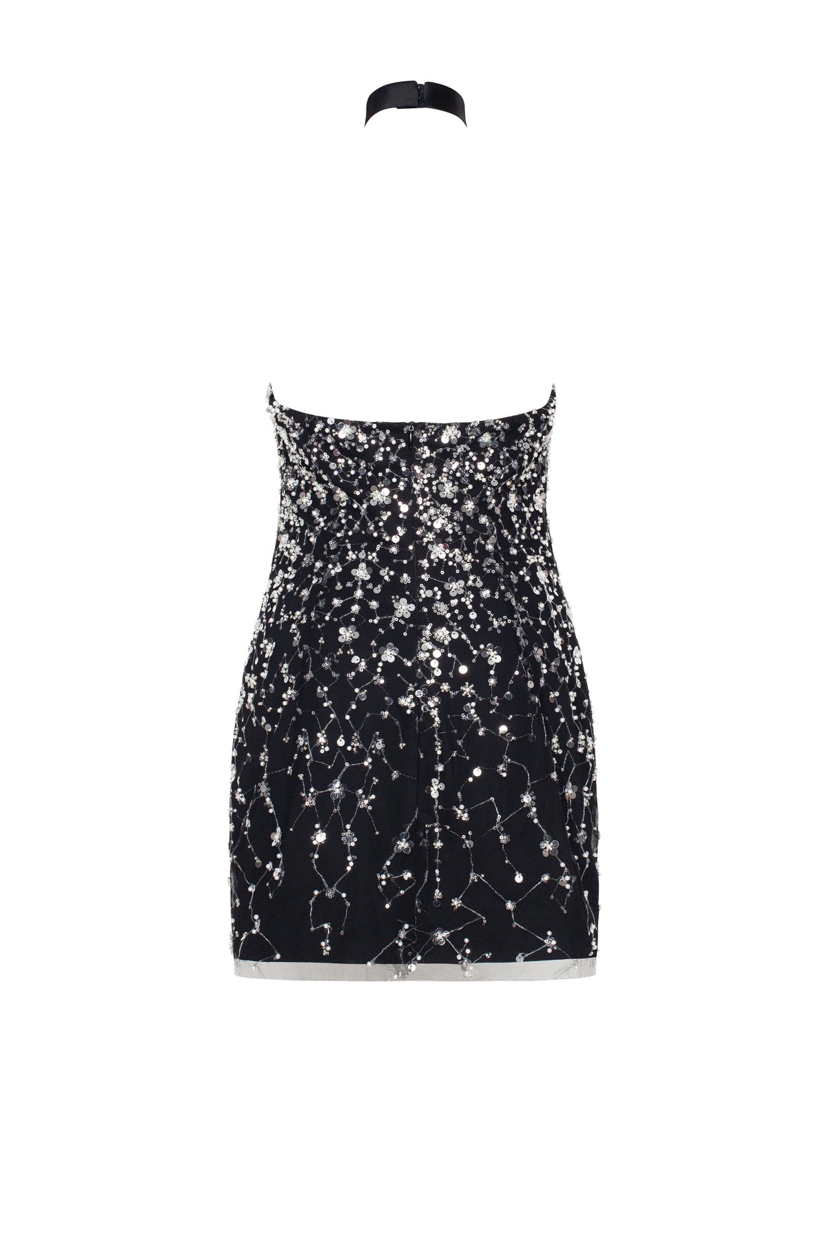 Black Lace Full-Crystal Halterneck Fitted Mini Dress