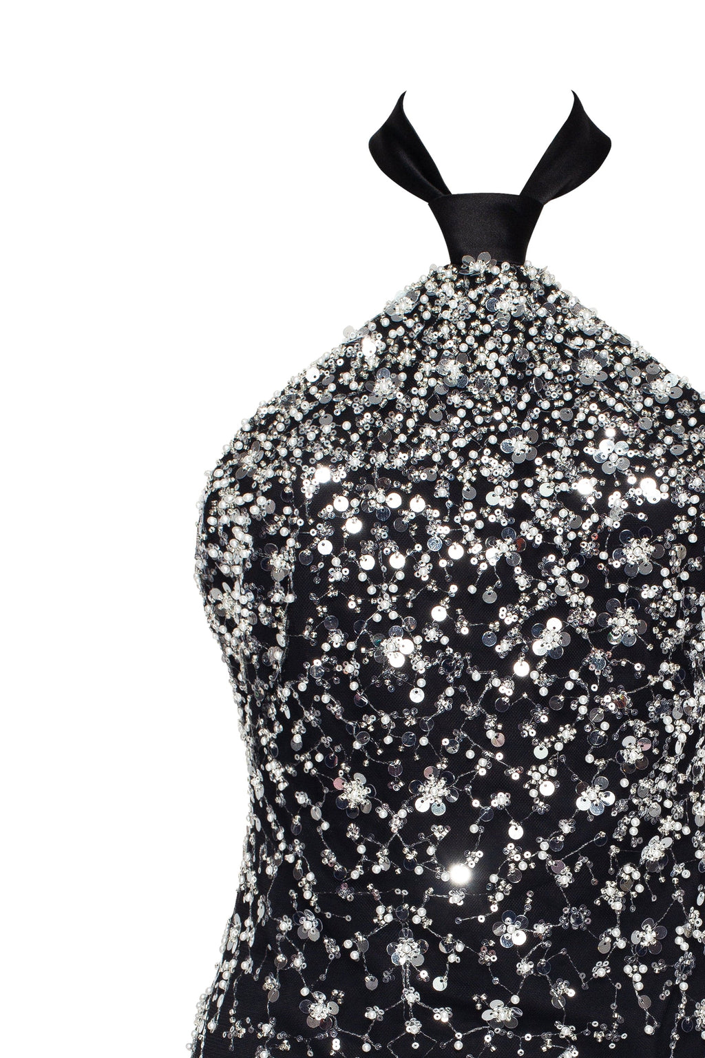 Black Lace Full-Crystal Halterneck Fitted Mini Dress