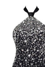 Black Lace Full-Crystal Halterneck Fitted Mini Dress