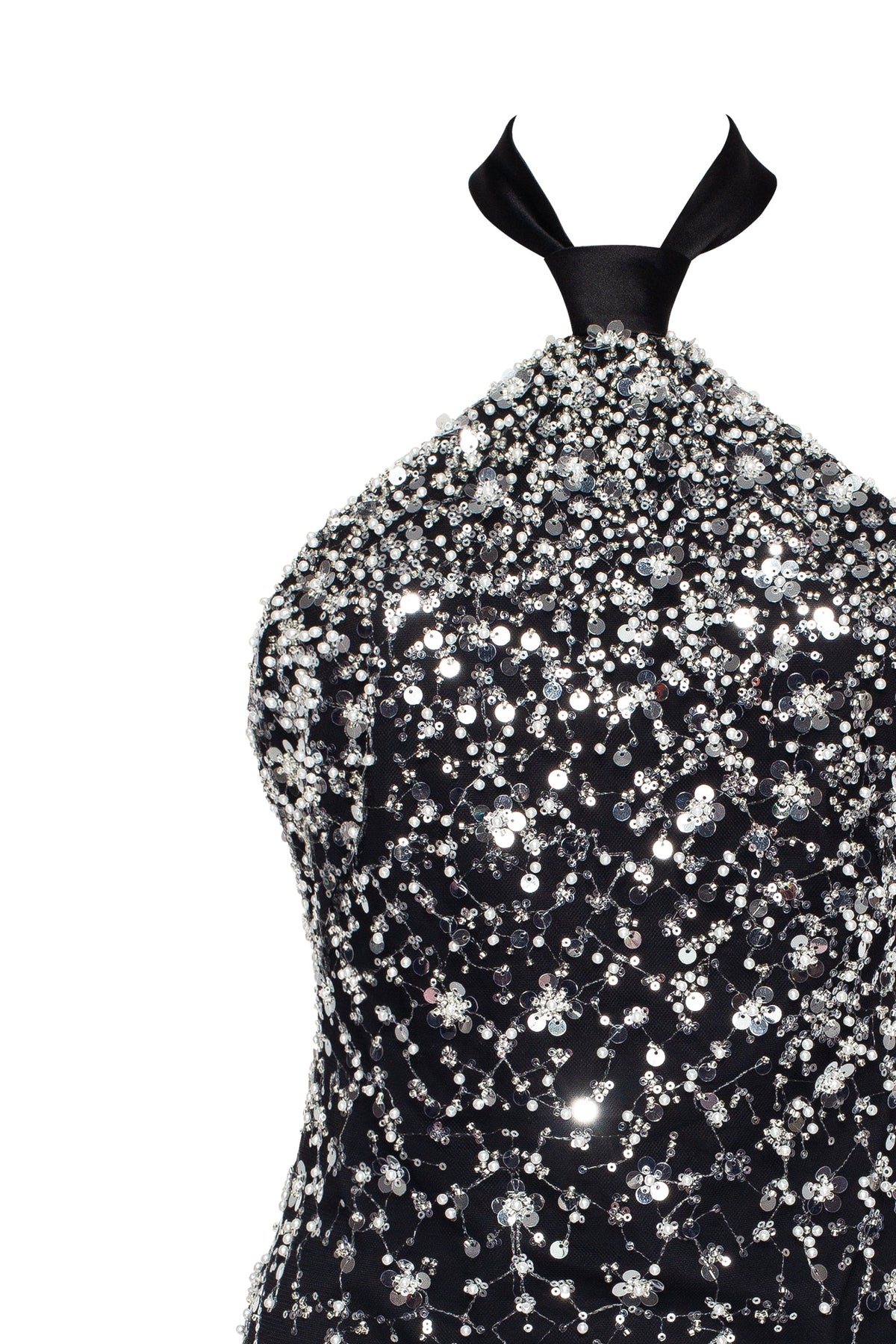 Black Lace Full-Crystal Halterneck Fitted Mini Dress