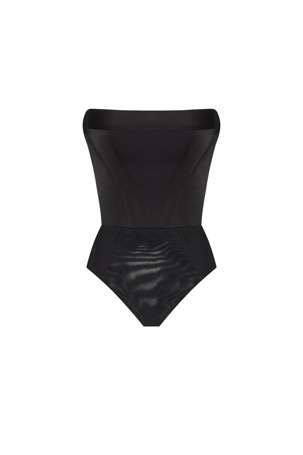 Waist-Panel Fitted Black Satin Bodysuit