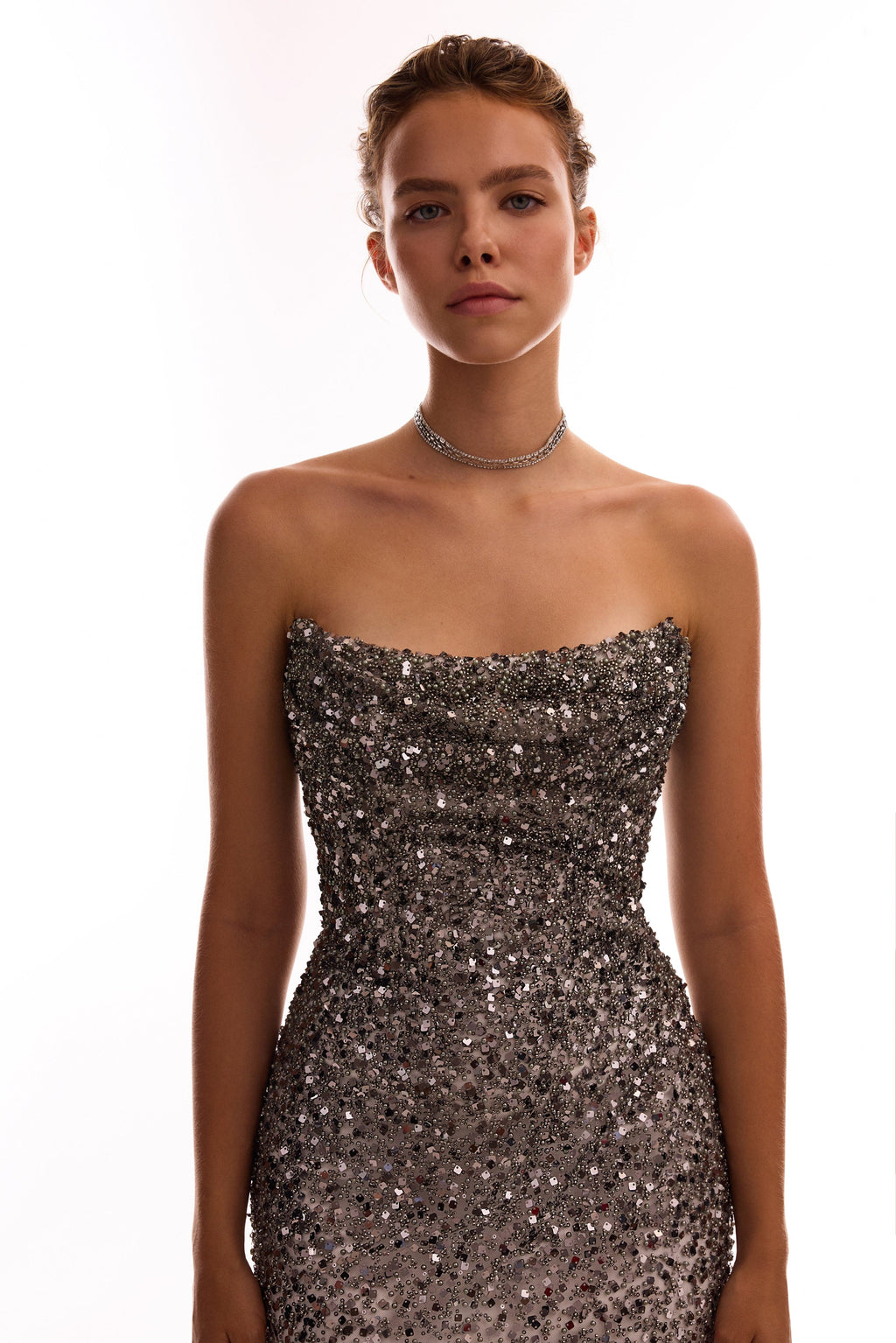 Fitted Sparkle Statement Silver Long Dress