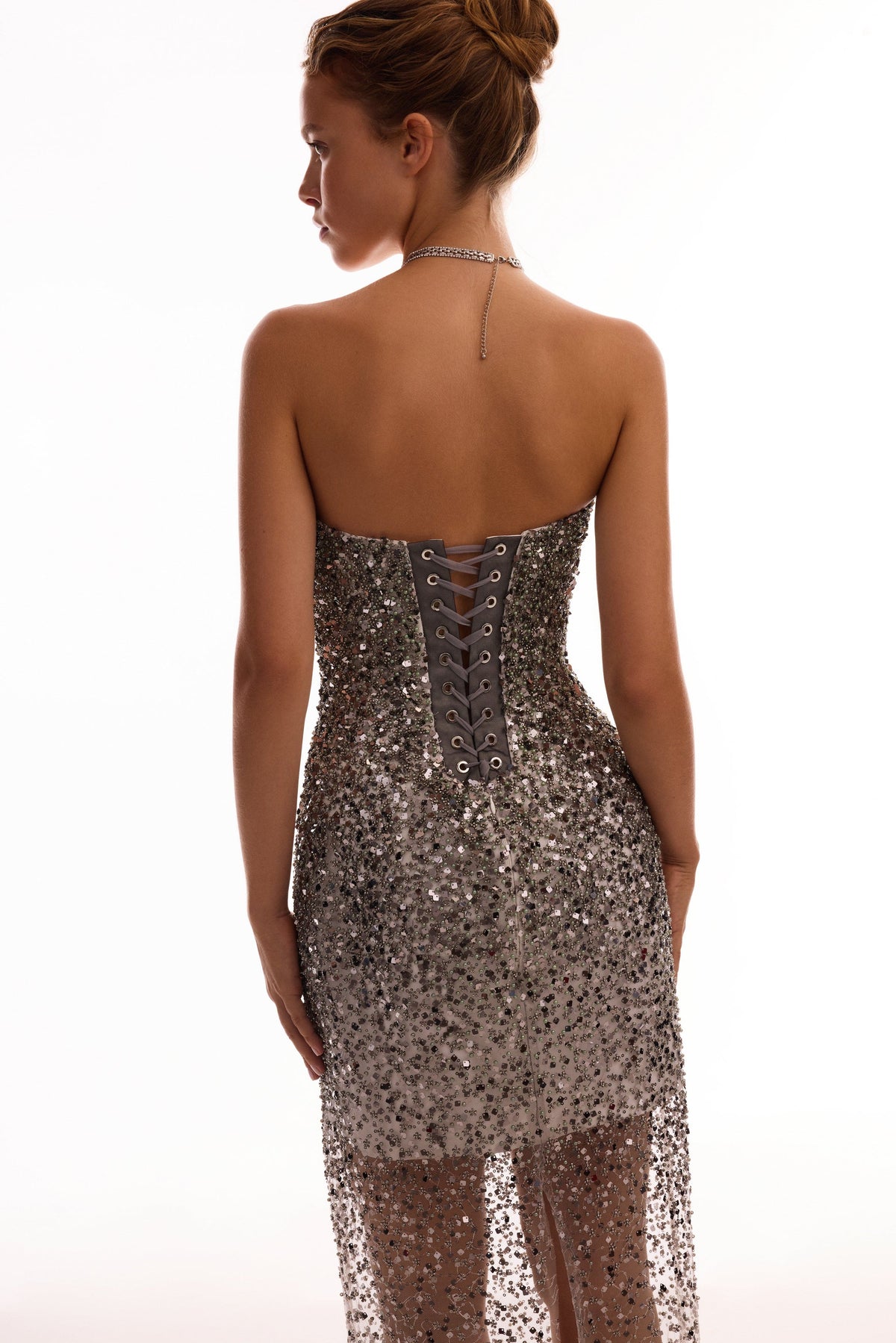 Fitted Sparkle Statement Silver Long Dress