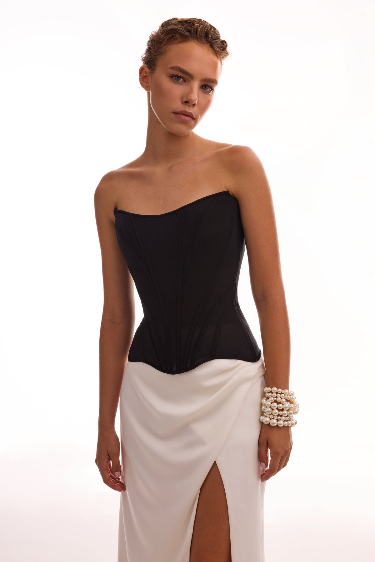 White Satin High-Slit Fitted Maxi Skirt