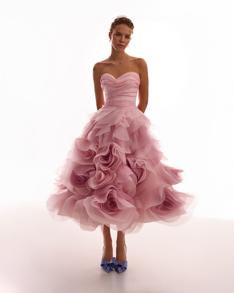 Misty-Rose Organza Sweetheart Midi Dress