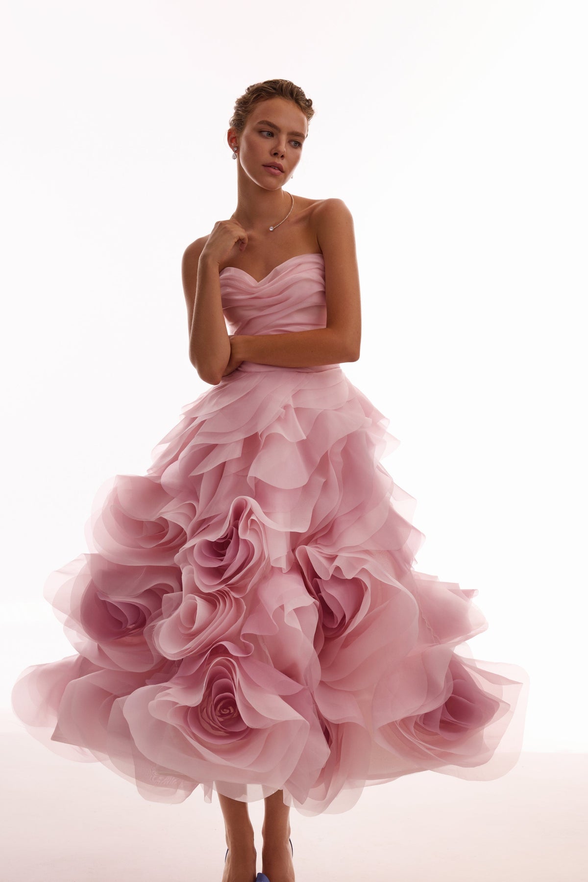 Misty-Rose Organza Sweetheart Midi Dress
