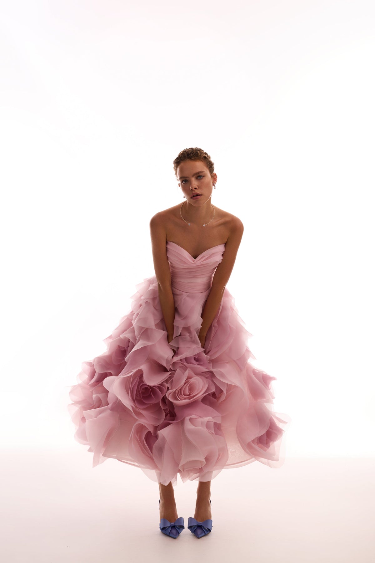 Misty-Rose Organza Sweetheart Midi Dress