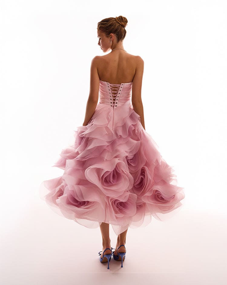 Misty-Rose Organza Sweetheart Midi Dress
