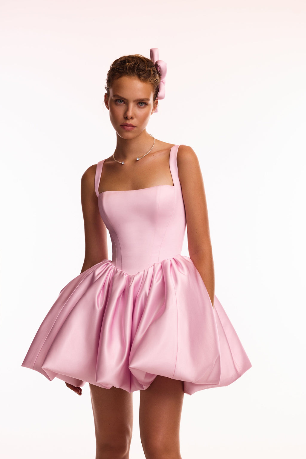 Satin Bubble Skirt Pink Mini Dress