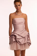 Draped-Fitted Rosette-Decorated Short Dress