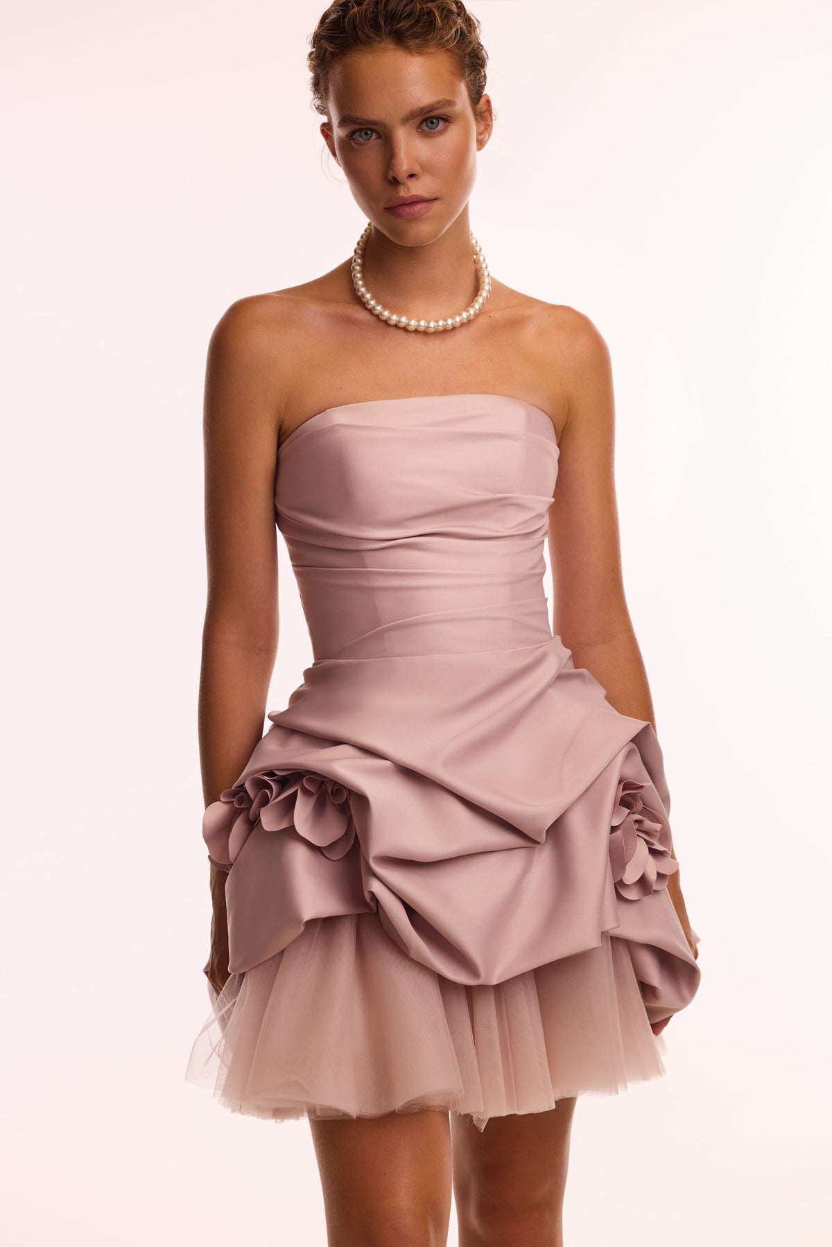 Draped-Fitted Rosette-Decorated Short Dress