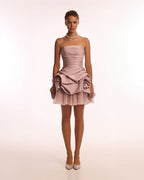 Draped-Fitted Rosette-Decorated Short Dress