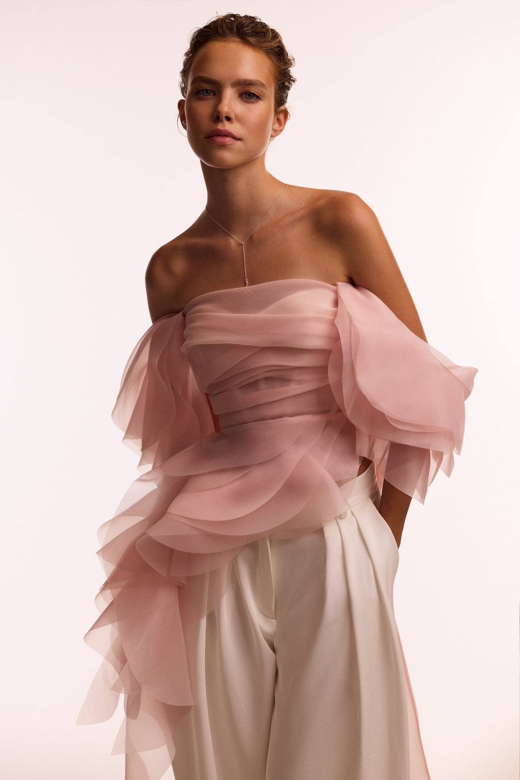 Gathered Waist Straight Neck Bow Pink Top