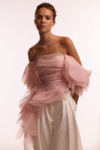 Gathered Waist Straight Neck Bow Pink Top