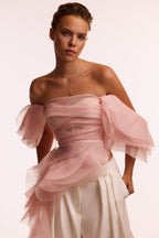 Gathered Waist Straight Neck Bow Pink Top