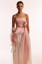 Gathered Waist Straight Neck Bow Pink Top