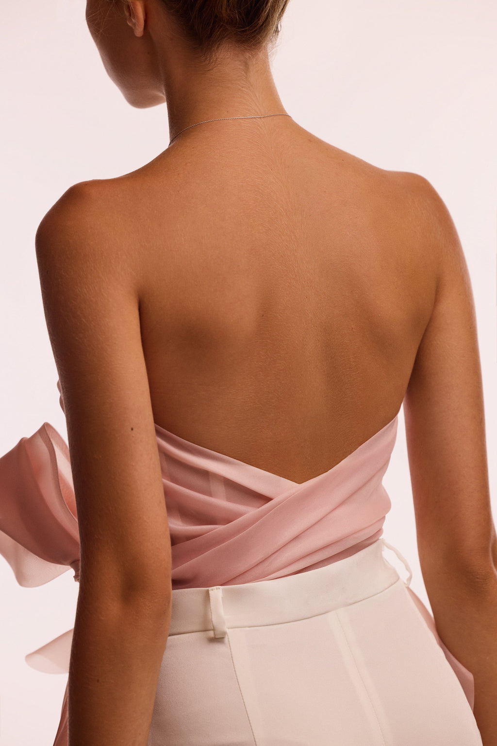 Gathered Waist Straight Neck Bow Pink Top