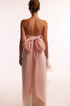 Gathered Waist Straight Neck Bow Pink Top